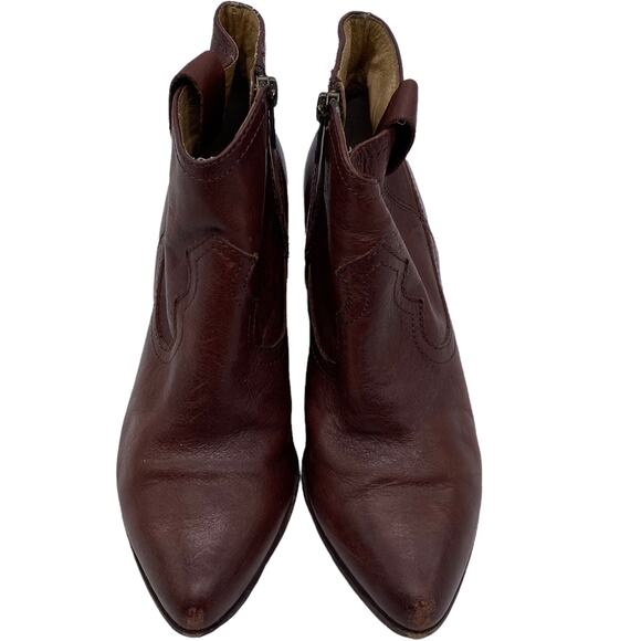 Frye Reina Cognac Leather Western Ankle Booties Brown Heel Scuffing Size 6.5M - Picture 4 of 12